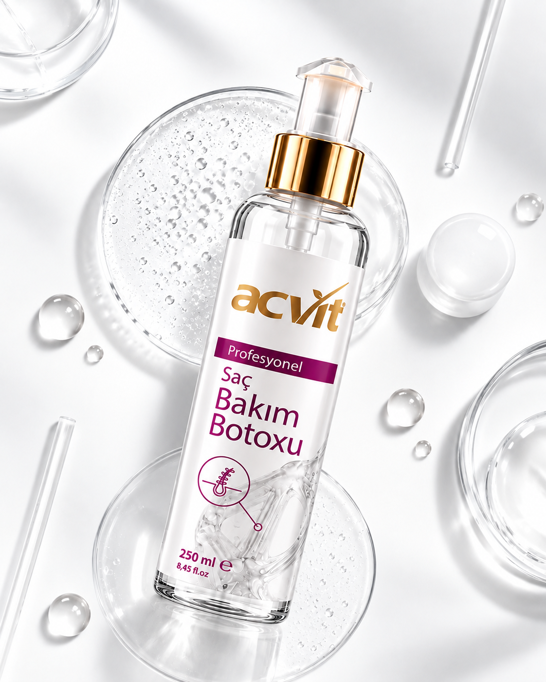 Acvit Saç Bakım Botoxu Şişesi ve Cam Damlacıklar